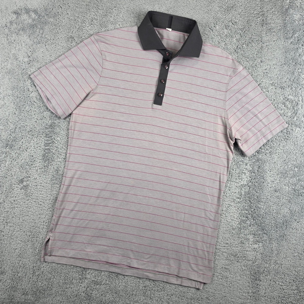 Lululemon Evolution Polo Shirt Mens L Grey Striped Short Sleeve Tech Athletic